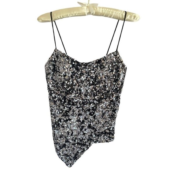 Vtg Y2K Cache Sequin Camisole Cami S Metallic Silk Asymmetrical Spaghetti Straps - Picture 6 of 15